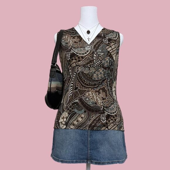 brown and blue floral y2k stretchy sleeveless going out top - Picture 1 of 5